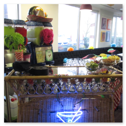 hire a portable drinks bar with frozen cocktail machine in the london area for hawaiian theme beach party, bluebird chelsea venue, margaritas, daiquiri, mojito.